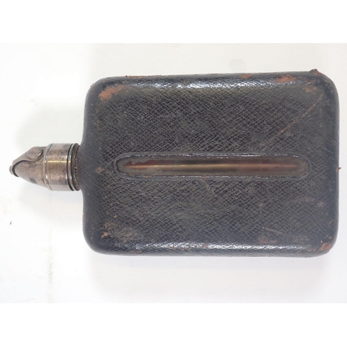 829 - A Victorian leather and glass spirit flask with unusual 'Patent Closure' top by Thomas Johnson and a... 