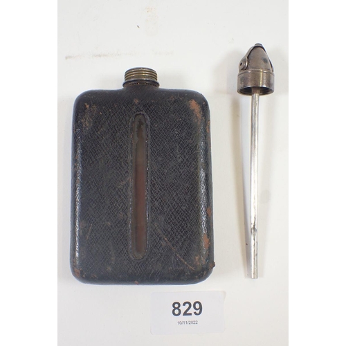 829 - A Victorian leather and glass spirit flask with unusual 'Patent Closure' top by Thomas Johnson and a... 