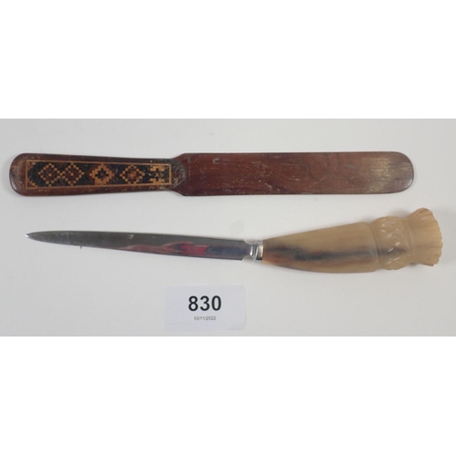 830 - A small Victorian Tunbridgeware paperknife and an agate handled seal