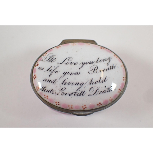 831 - A 19th century enamel oval box with text 'I'll Love You Long', 14cm