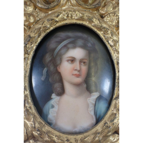 836 - A miniature portrait painted on oval porcelain plaque of a woman, marked to verso Potoroka, Firenze,... 