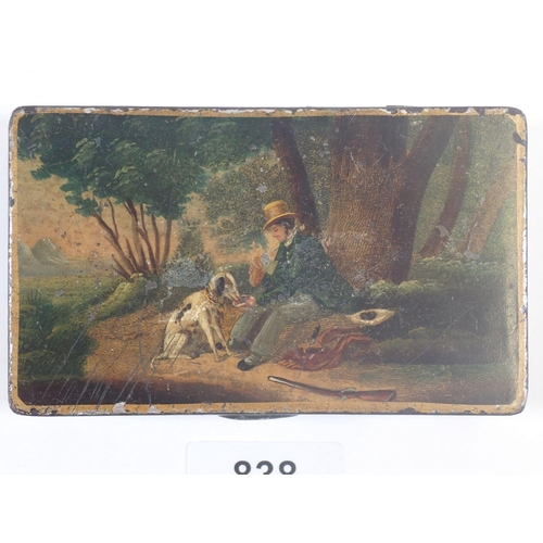 838 - A 19th century small tin painted huntsman and dog to lid, 11.5 x 7cm