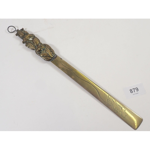 879 - A Japanese brass paperknife with turtle form handle and engraved bamboo decoration