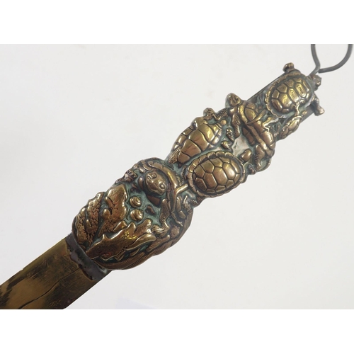 879 - A Japanese brass paperknife with turtle form handle and engraved bamboo decoration