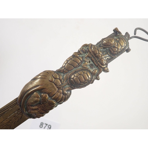 879 - A Japanese brass paperknife with turtle form handle and engraved bamboo decoration