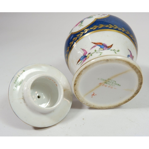 91 - A pair of miniature Spode Copeland jars and lids decorated bird and floral design, 12cm H a/f