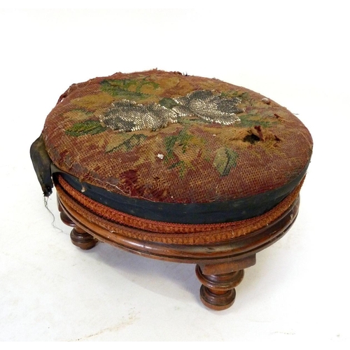 953 - A Victorian oval stool with beadwork and tapestry top on turned supports