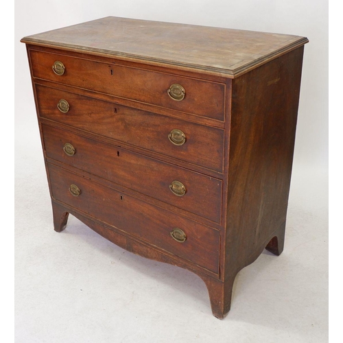 954 - An early 19th century mahogany chest of four long drawers on splay supports, 102cm x 54cm x 98cm tal... 