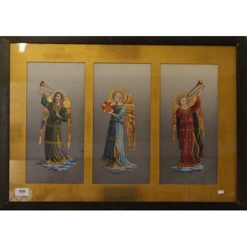 959 - Three religious oils on canvas board, framed together, bears monogram and date