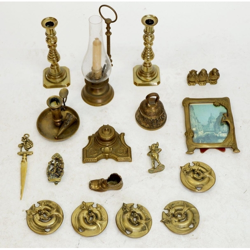 974 - A box of various brassware including an Art Nouveau frame