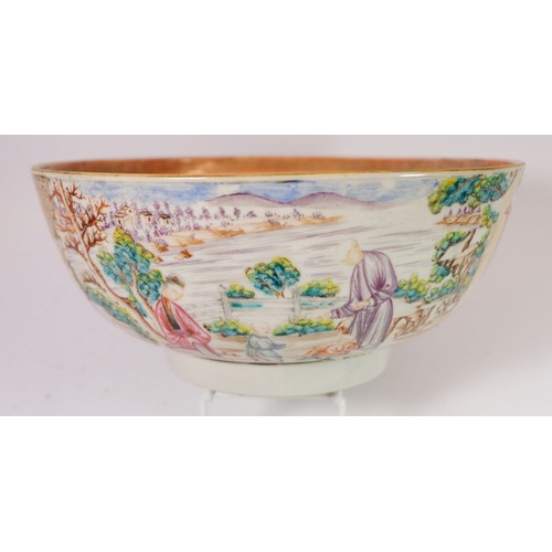 150 - A Chinese 18th century large fruit bowl painted family scenes, 26cm diameter - with hairline cracks