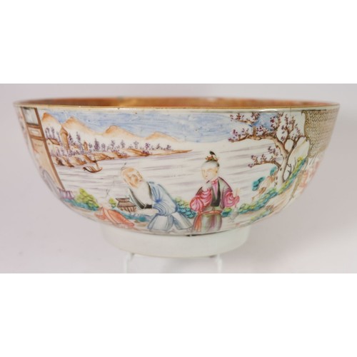 150 - A Chinese 18th century large fruit bowl painted family scenes, 26cm diameter - with hairline cracks