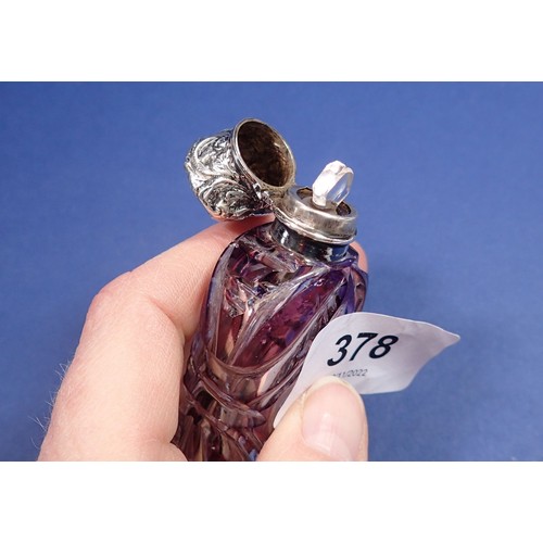 378 - A miniature Victorian purple flashed and cut glass scent bottle with embossed silver lid, 7cm, unmar... 