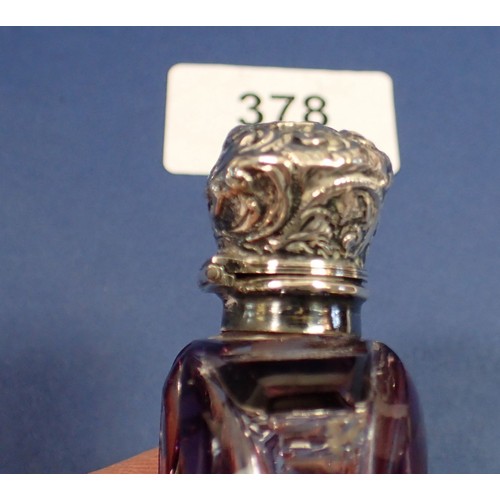 378 - A miniature Victorian purple flashed and cut glass scent bottle with embossed silver lid, 7cm, unmar... 