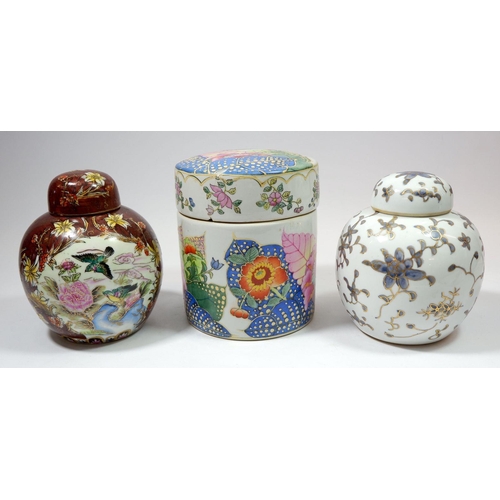 100 - Three various Chinese jars and covers painted flowers, largest 16cm tall