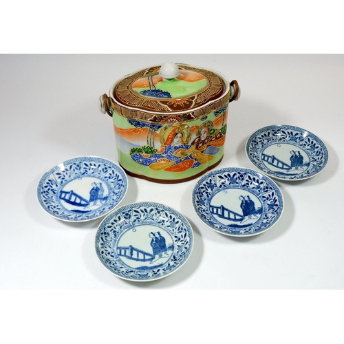 102 - A Japanese biscuit barrel painted figures seated in a landscape and four blue and white saucers