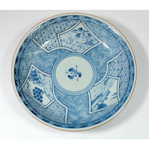 104 - A Chinese blue and white bowl with panel scenes, marks to base, 27cm diameter