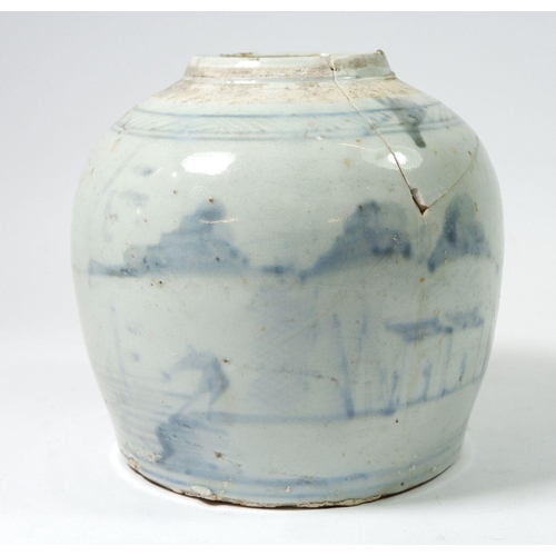 105 - An 18th century Chinese blue and white provincial ginger jar, no lid, a/f