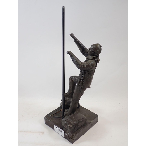 1105 - A bronze finish figure of a workman and ladder, possibly a sailor, 32cm tall