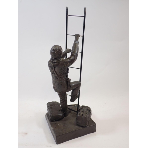 1105 - A bronze finish figure of a workman and ladder, possibly a sailor, 32cm tall