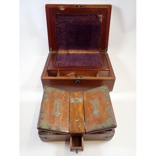 1116 - An oak and brass cigarette and cigar box and a Victorian writing slope - both a/f