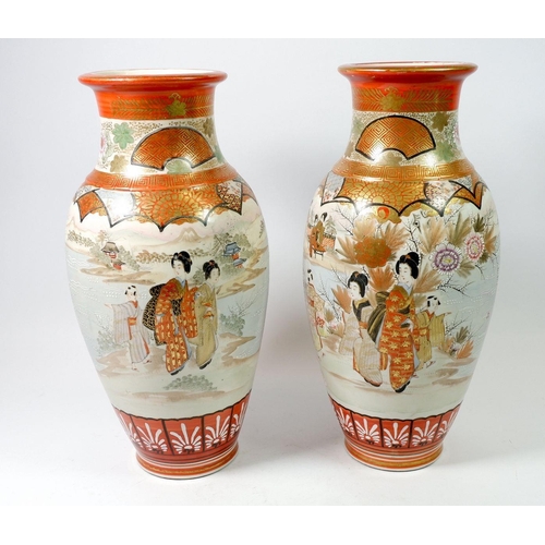 112 - A pair of Japanese large satsuma vases painted figures in a landscape, one with hairline, 33cm tall