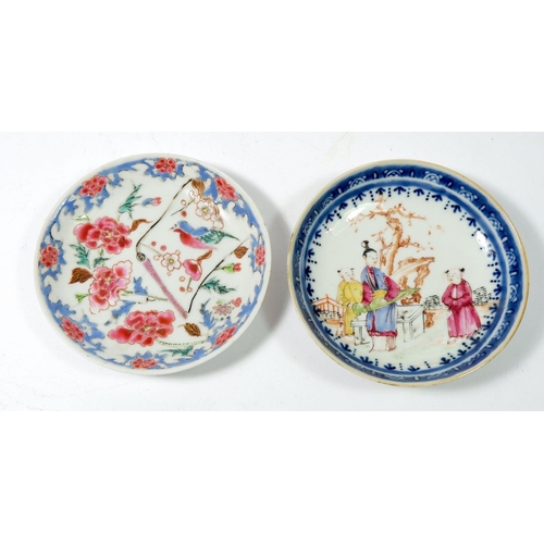 114 - A Chinese Qiang Long saucer painted bird and blossom 11.5 cm diameter and another painted three figu... 