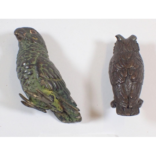 1161 - A miniature cold painted bronze parrot, 4cm and a miniature bronze owl