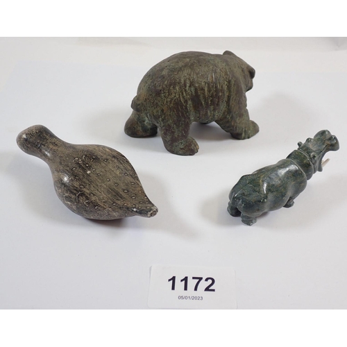 1172 - A bronze bear 10cm long, a Verdite hippo and an Inuit carved bird, signed Dimu