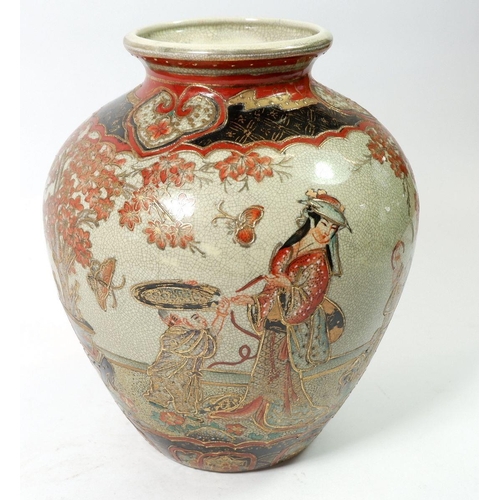 118 - A Japanese crackle glaze vase painted figures in a landscape, 23cm tall