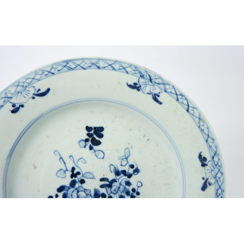 119 - A Chinese mid Qiang dynasty blue and white plate and a famille verte plate painted landscape - repai... 