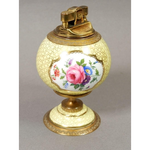 132 - A Halcyon Days yellow floral porcelain and brass table lighter
