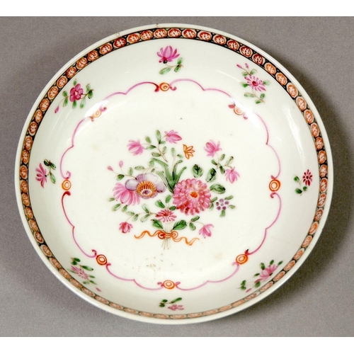 135 - An English 18th century porcelain saucer painted famille rose style floral sprigs, attributed to Low... 