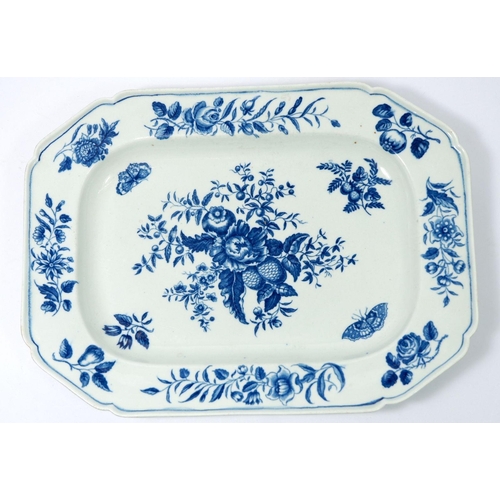 147 - A Worcester First Period blue and white meat plate painted floral sprays and butterflies, 35 x 25cm,... 