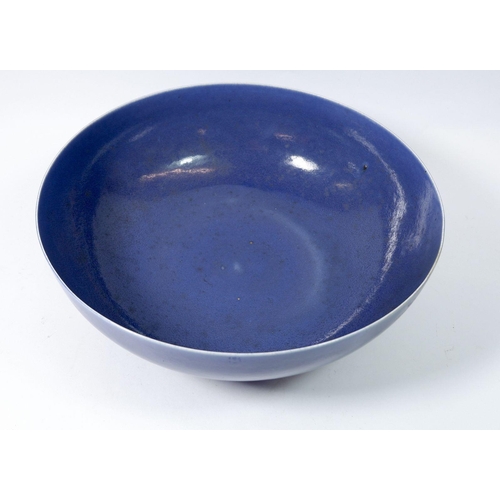 151 - An early Ruskin blue glazed large fruit bowl with scissor mark, 29 cm (with Albert E Wade collection... 