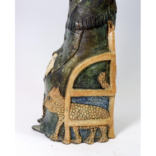 154 - An Amanda Popham studio pottery seated figure of a woman 'Summoning the Animals' 35.5cm