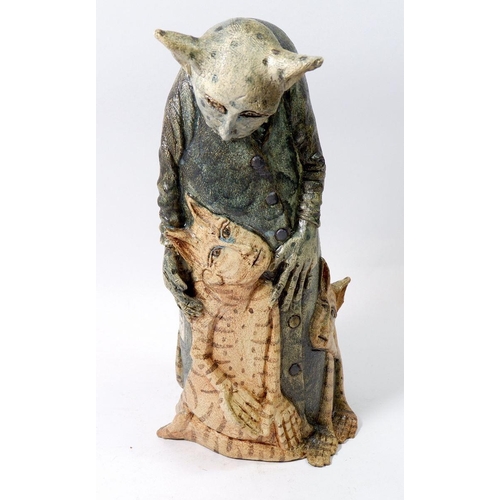 156 - An Amanda Popham studio pottery figure of a cat man 'Talking to Children' 33cm