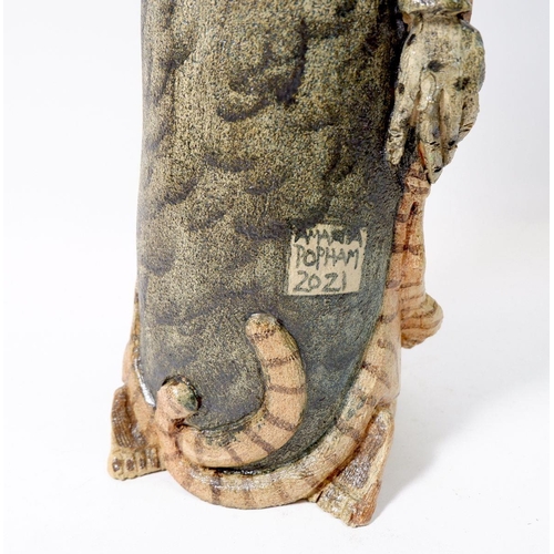 156 - An Amanda Popham studio pottery figure of a cat man 'Talking to Children' 33cm