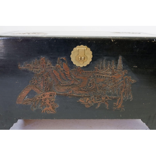 1603 - An Oriental carved camphor wood chest, 100cm L x 58cm H