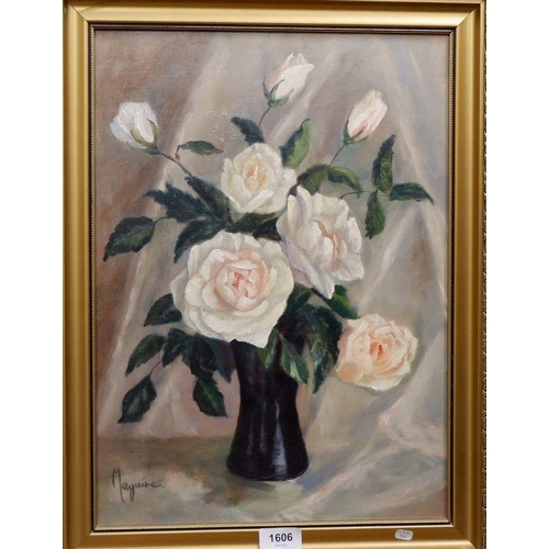 1606 - Maguire - oil on board still life roses, 44 x 31cm