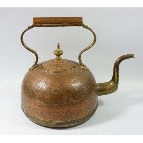 1608 - A large copper Eastern kettle with all over engraved decoration and interior pipe to base and side, ... 