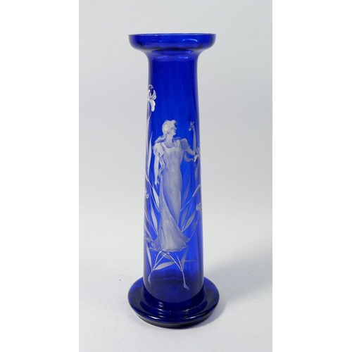 162 - A tall tapered blue Mary Gregory style Art Nouveau vase painted woman amongst flowers, 31cm