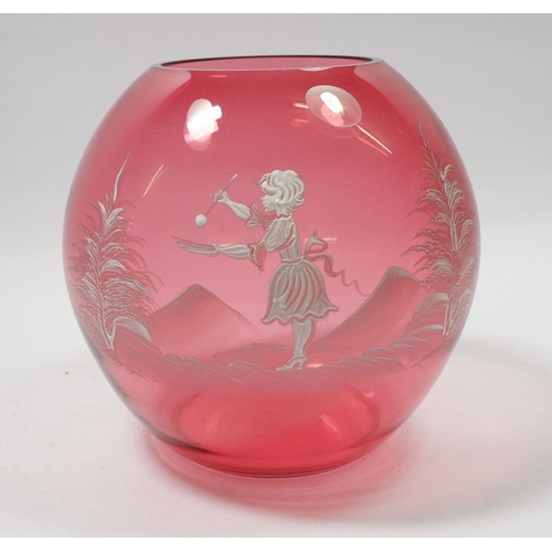 163 - A cranberry spherical Mary Gregory style glass vase painted girl in landscape, 17cm tall