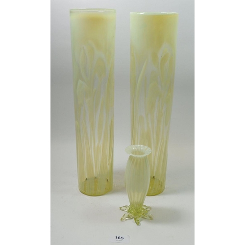 165 - A pair of tall Victorian cylindrical Vaseline glass vases, 38cm and a smaller Vaseline glas vase