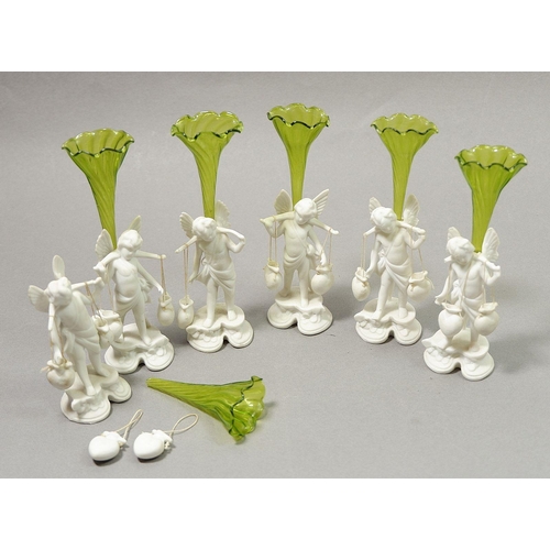 177 - A set of six continental bisque porcelain fairy table ornaments with green glass posy vases, one a/f... 