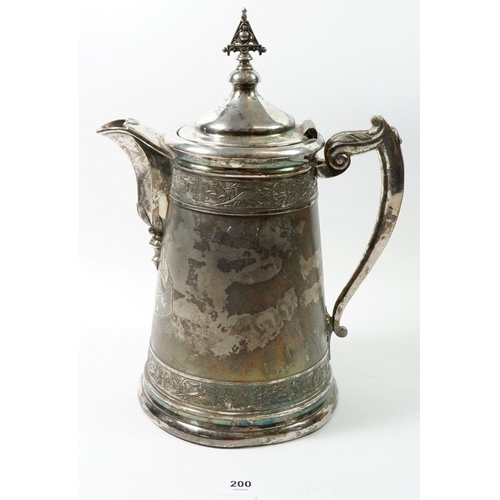 200 - A large Victorian silver plated iced water jug with patent for J A Stimpson to base, 35cm tall