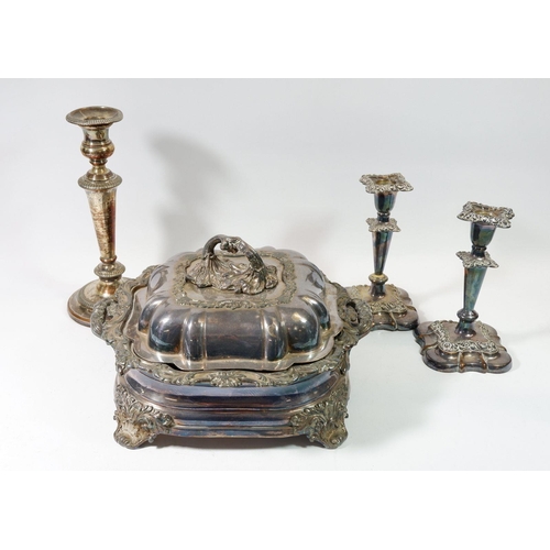 224 - A 19th century Sheffield plated square entree dish on stand, a pair of similar candlesticks and one ... 