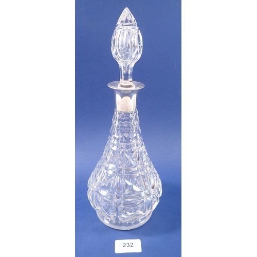 232 - A cut glass decanter with silver collar, London 1924