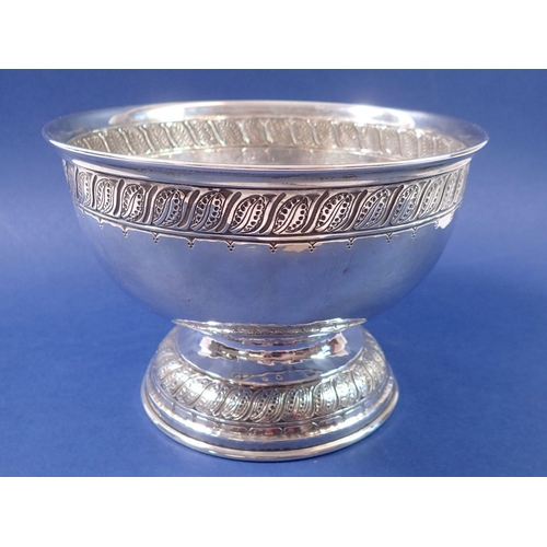 234 - A silver presentation bowl with inscription, 495g on wooden stand