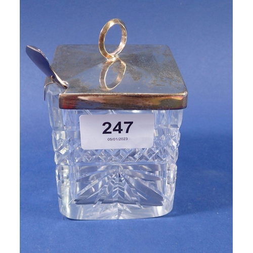 247 - A Mappin & Webb cut glass preserve pot with silver lid, Sheffield 1930 and a matched silver spoon